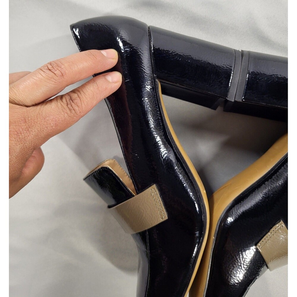 Franco Sarto Kaylee Patent Loafer Pumps Black Taupe Block Heel Square Toe Sz 10M - Picture 8 of 13